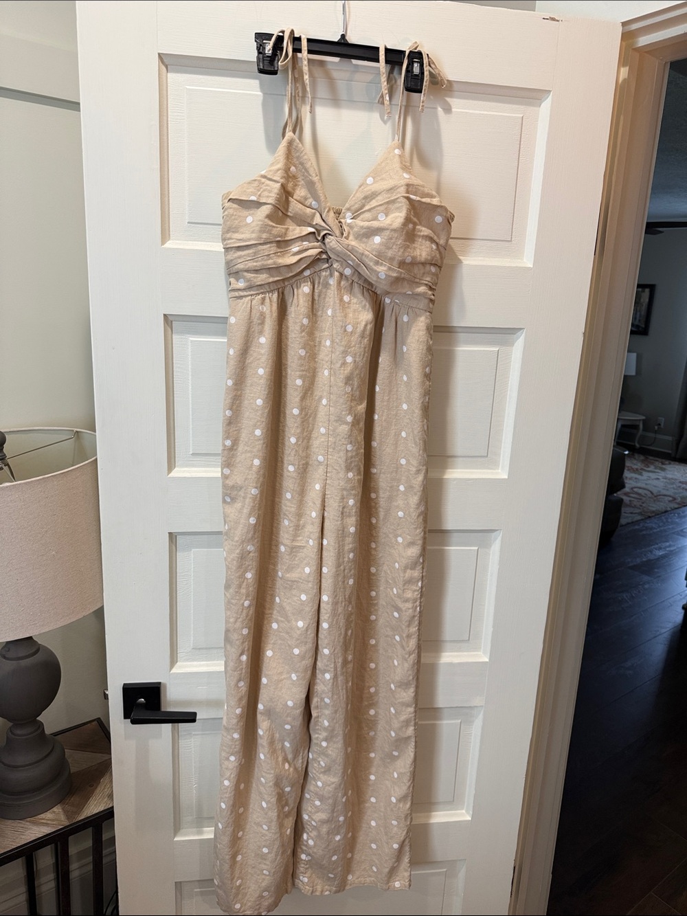 Old Navy Beige Polka Dot Tie-Shoulder Jumpsuit